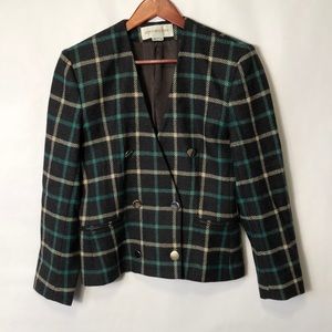 Jones NY tartan print double breasted collarless wool blazer sz6